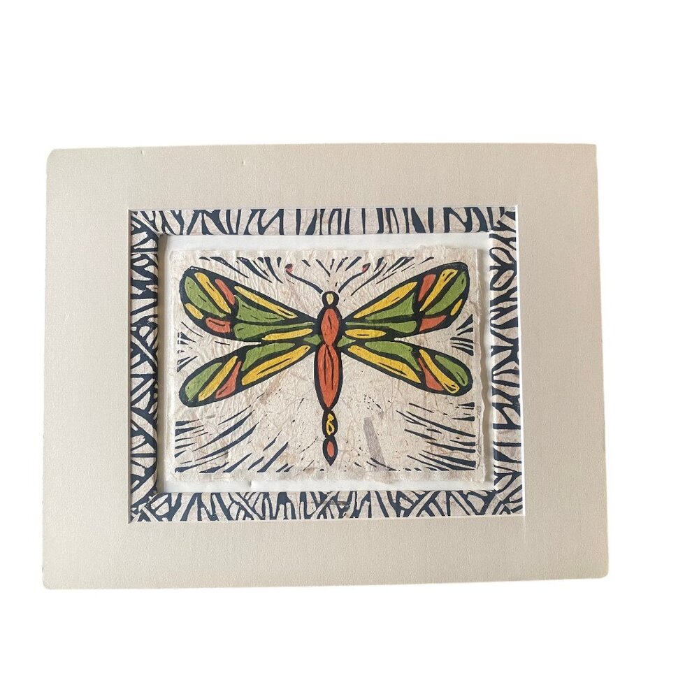 Handmade Dragonfly Block Print‎ Art Artist John Davis 11 x 14 Matted Wall Decor
